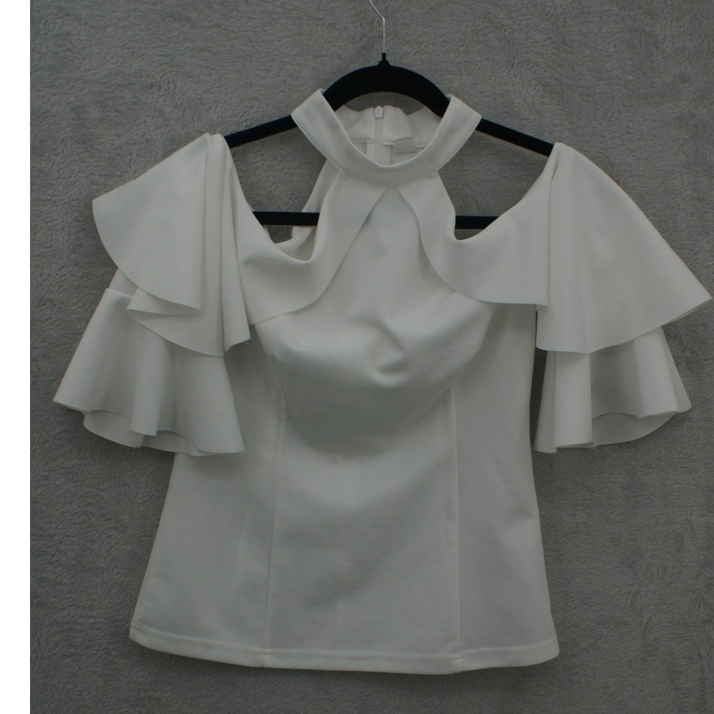 H&M White Halter Neck Ruffle Cold Shoulder Top Mock Neck Blouse Size Medium - Picture 2 of 9